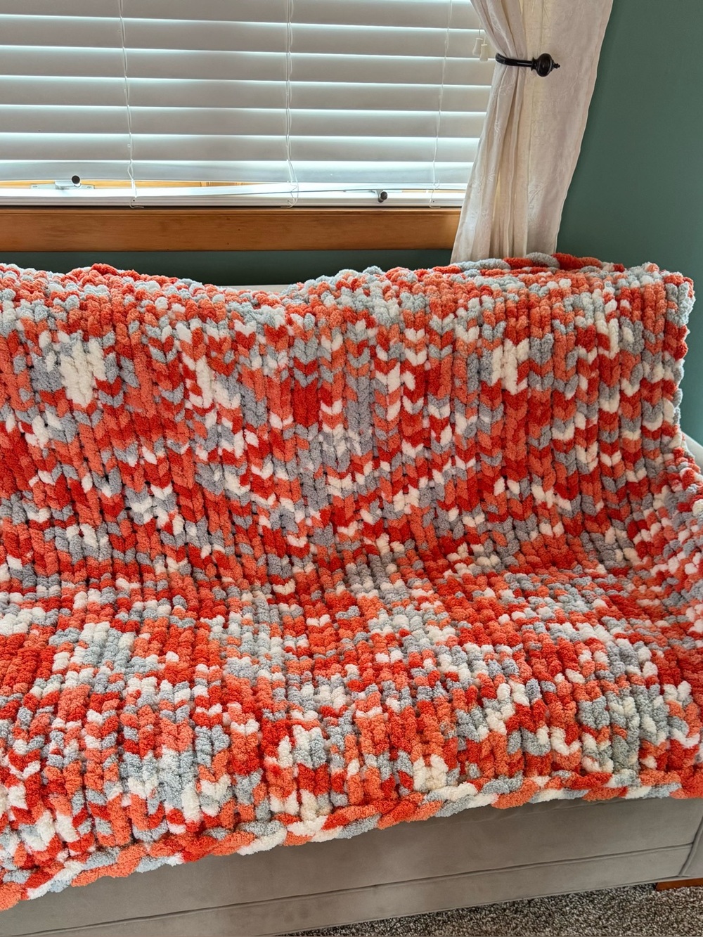 Cozy Chunky Knit Plush Throw Blanket - Orange, White & Gray